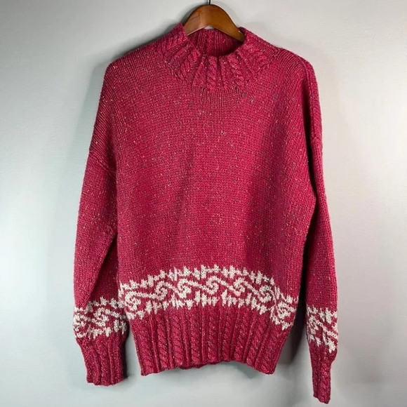 VINTAGE 90’s Handmade  Knitted Mock-neck Wool Sweater Berry Cable-knit Baggy L - Picture 9 of 9
